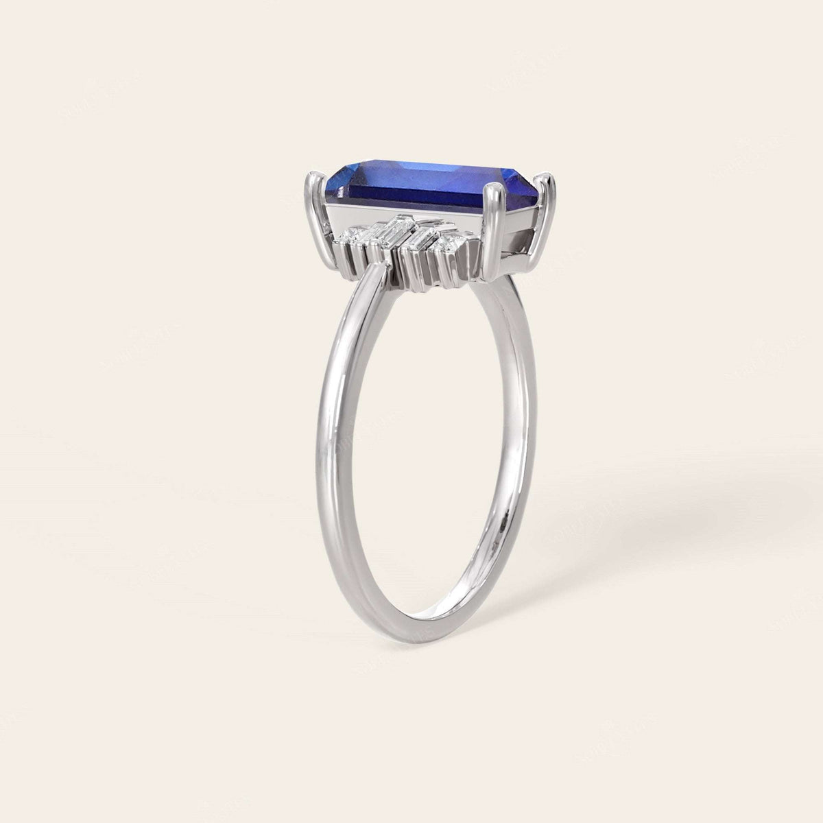 Baguette Lab Sapphire Art Deco Engagement Ring Deco Steps-Nobel Yates
