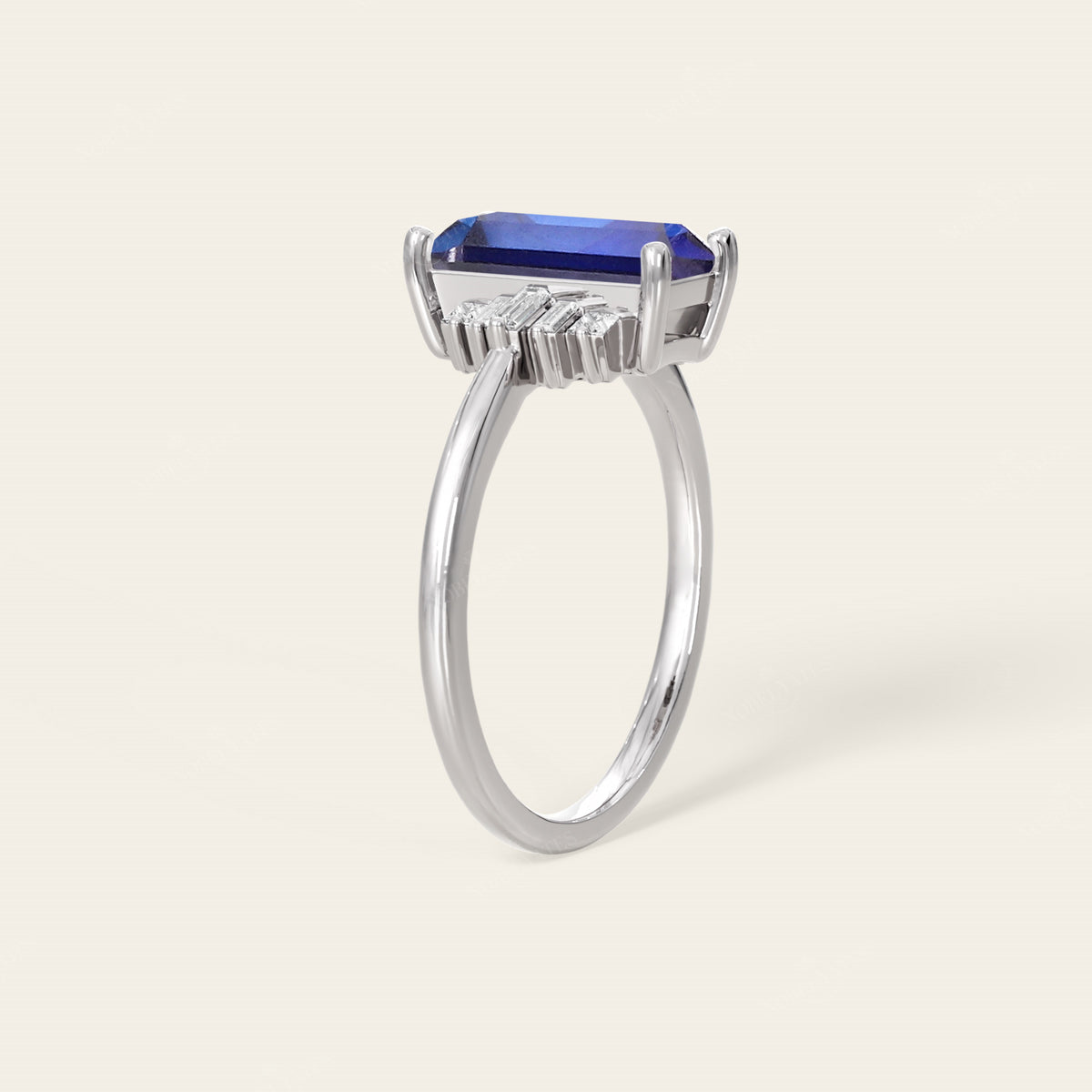 Baguette Lab Sapphire Art Deco Engagement Ring Deco Steps