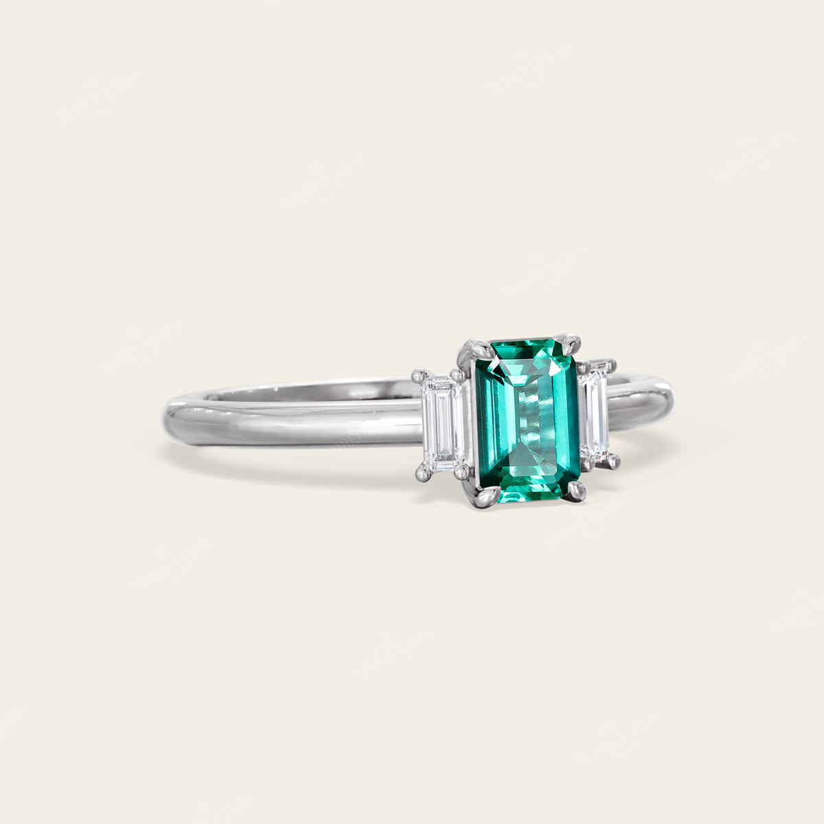 Art Deco Emerald Cut Lab Emerald Three Stone Engagement Ring