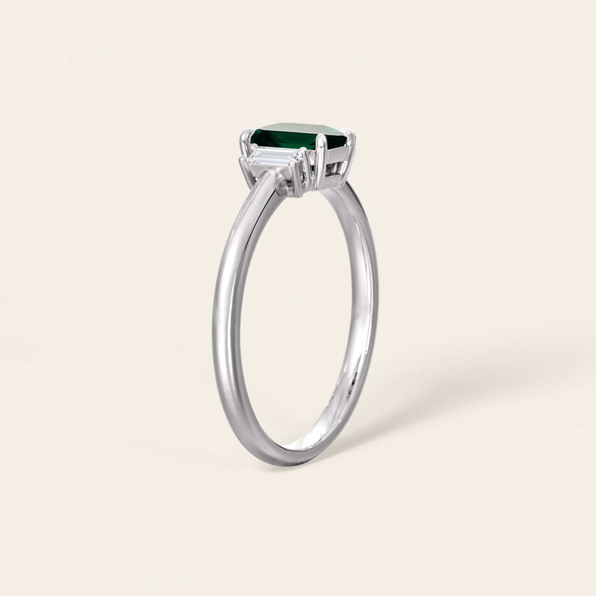 Art Deco Emerald Cut Lab Emerald Three Stone Engagement Ring