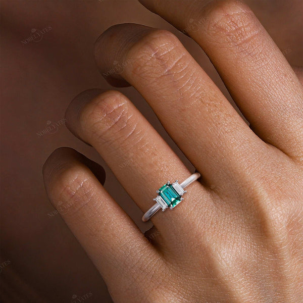Art Deco Emerald Cut Lab Emerald Three Stone Engagement Ring-Nobel Yates