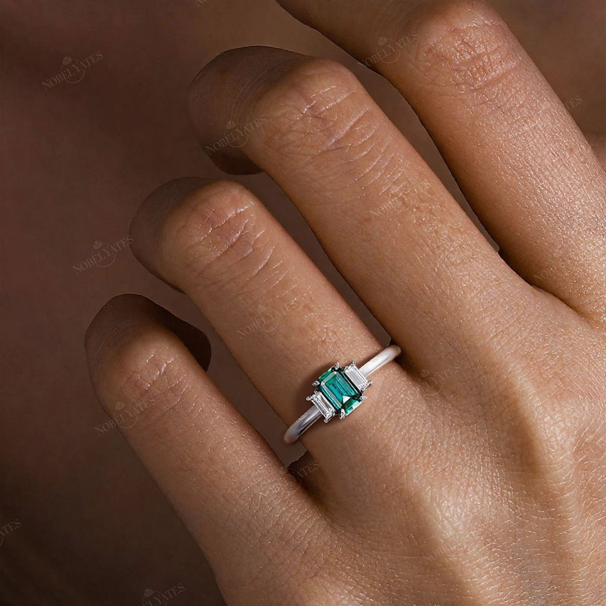 Art Deco Emerald Cut Lab Emerald Three Stone Engagement Ring