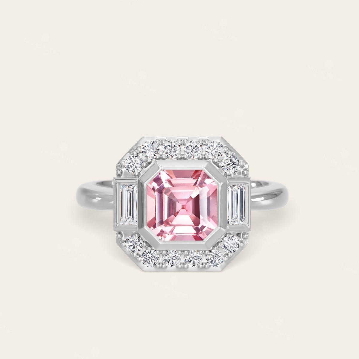 Asscher Lab Padparadscha Art Deco Lab Diamond Halo Engagement Ring