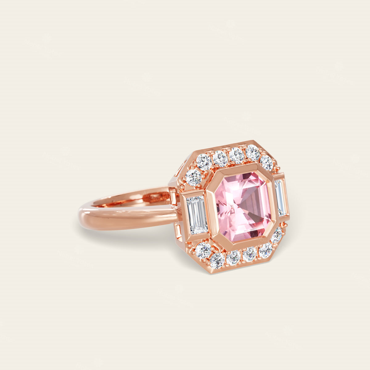 Asscher Lab Padparadscha Art Deco Lab Diamond Halo Engagement Ring