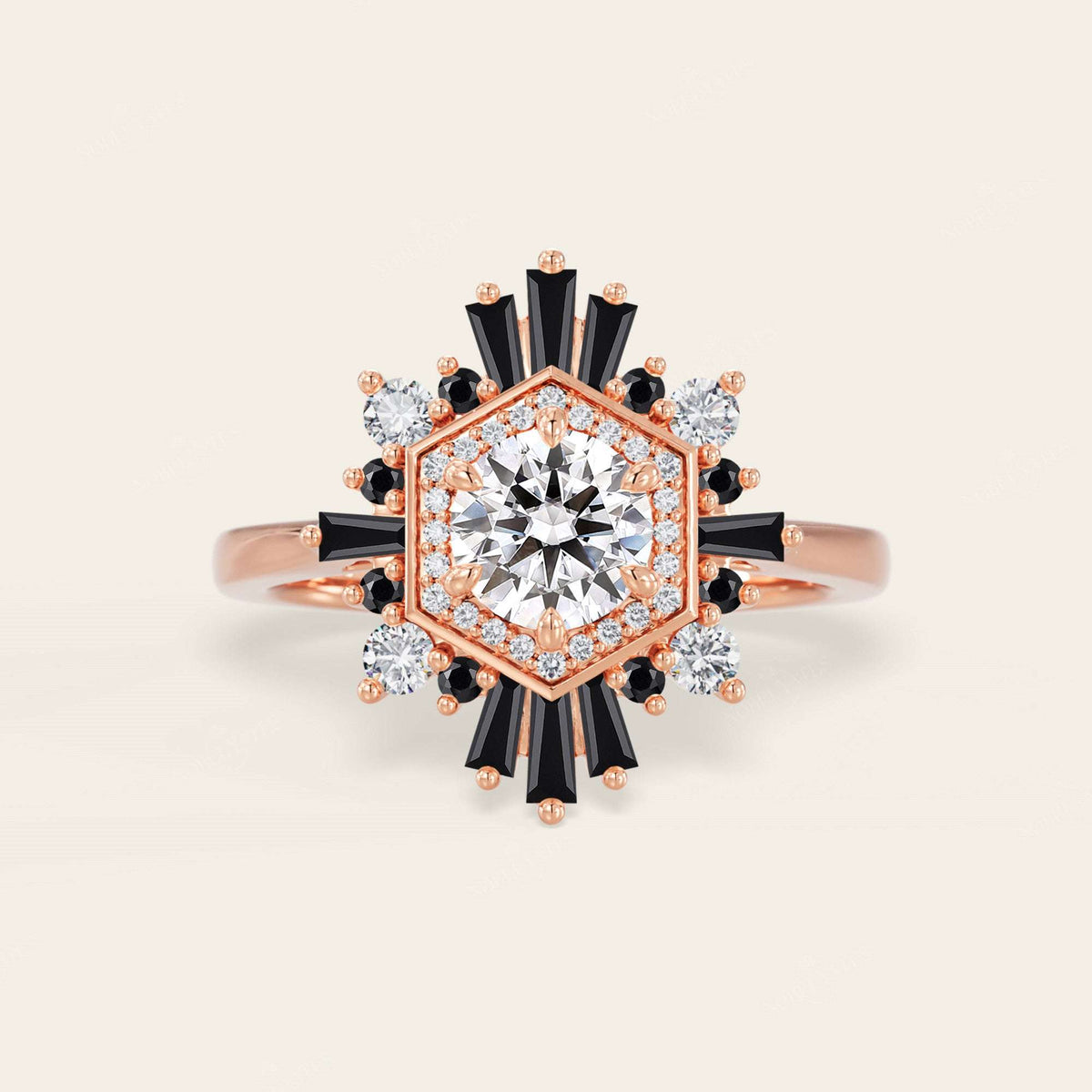 Round Lab Grown Diamond & Black Onyx Art Deco Engagement Ring-Nobel Yates