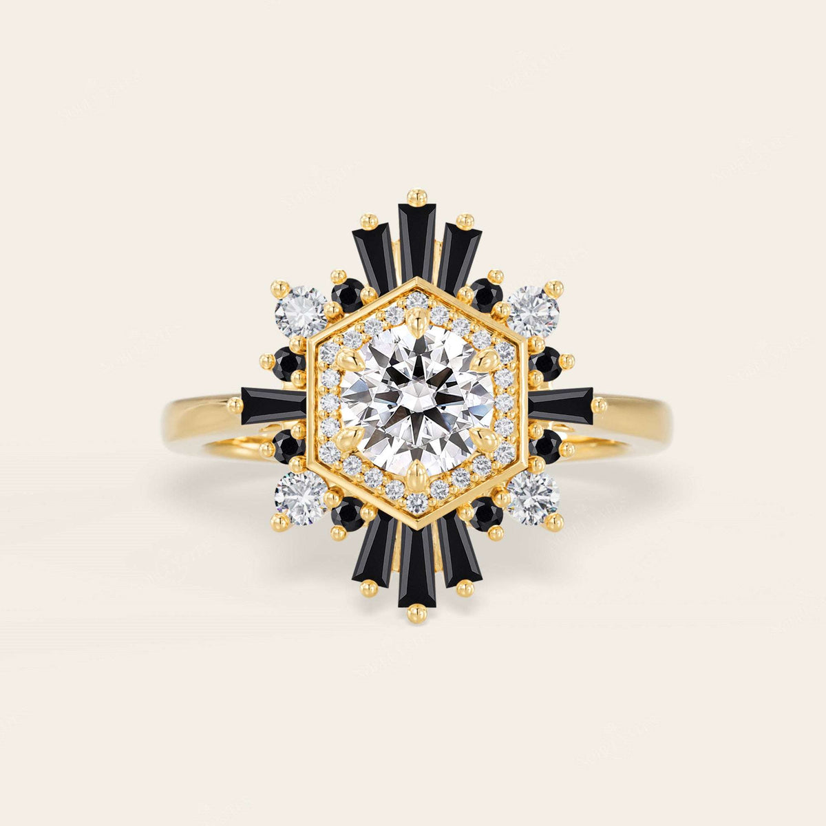 Round Lab Grown Diamond & Black Onyx Art Deco Engagement Ring-Nobel Yates
