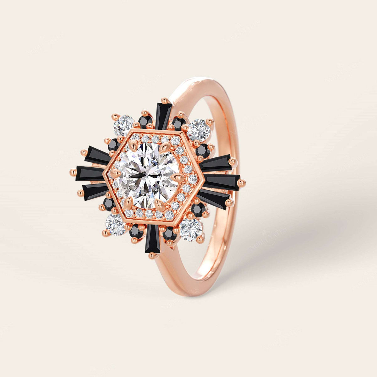 Round Lab Grown Diamond & Black Onyx Art Deco Engagement Ring-Nobel Yates