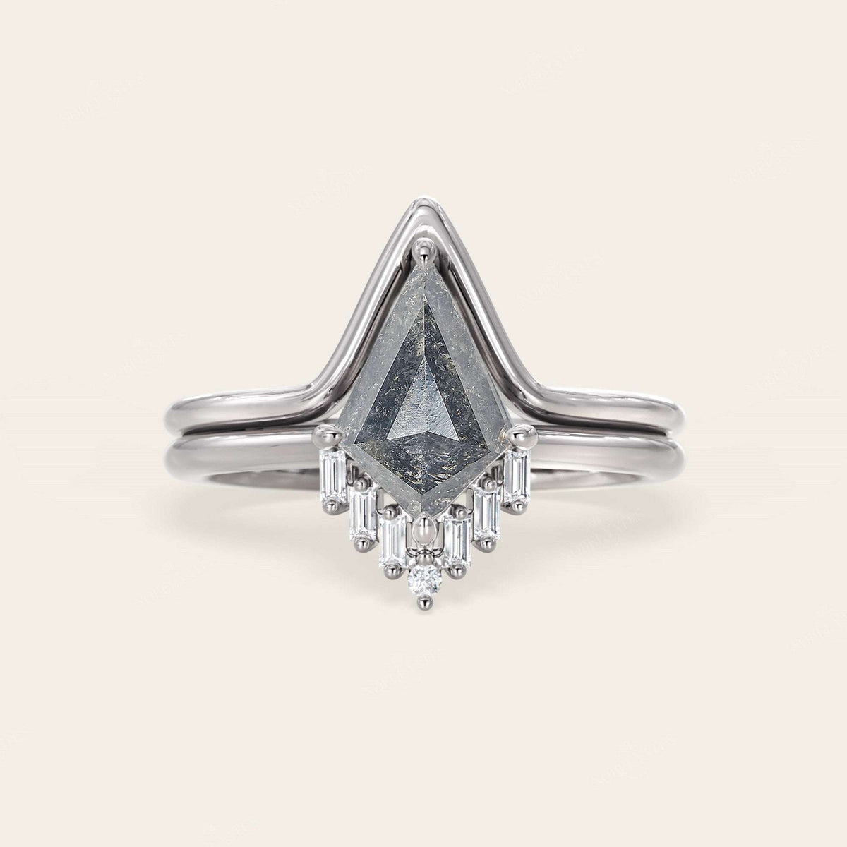Kite Cut Salt and Pepper Engagement Ring & Curved Wedding Band 2pcs-Nobel Yates