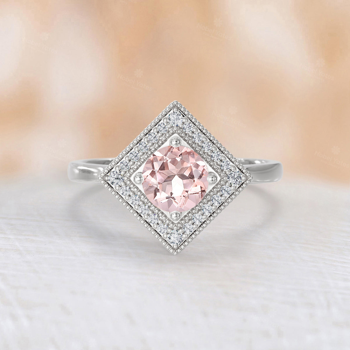 Round Cut Pink Morganite Mosaic Art Deco Halo Ring