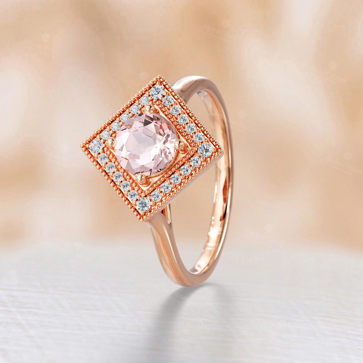 Round Cut Pink Morganite Mosaic Art Deco Halo Ring