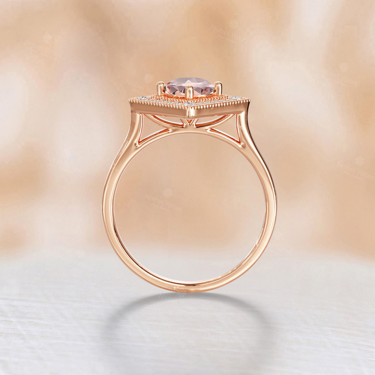 Round Cut Pink Morganite Mosaic Art Deco Halo Ring