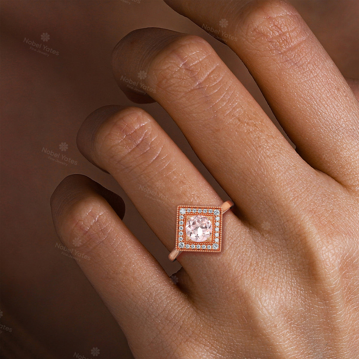 Round Cut Pink Morganite Mosaic Art Deco Halo Ring