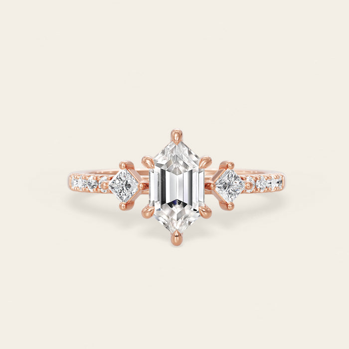 Art Deco Long Hexagon Moissanite Three Stone Engagement Ring-Nobel Yates