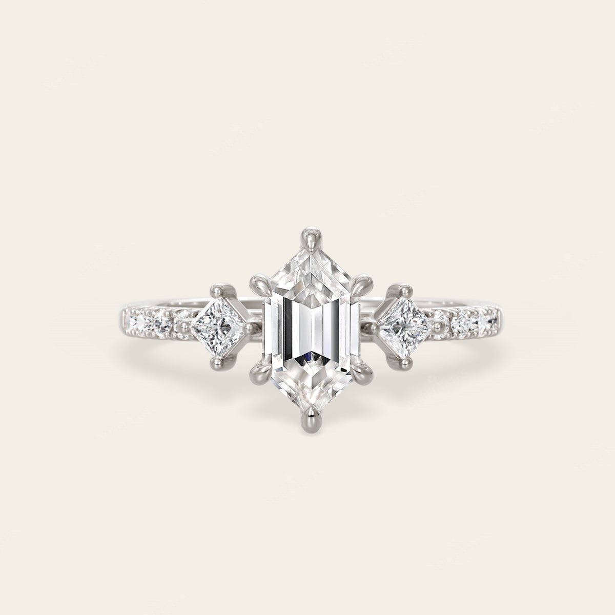 Art Deco Long Hexagon Moissanite Three Stone Engagement Ring