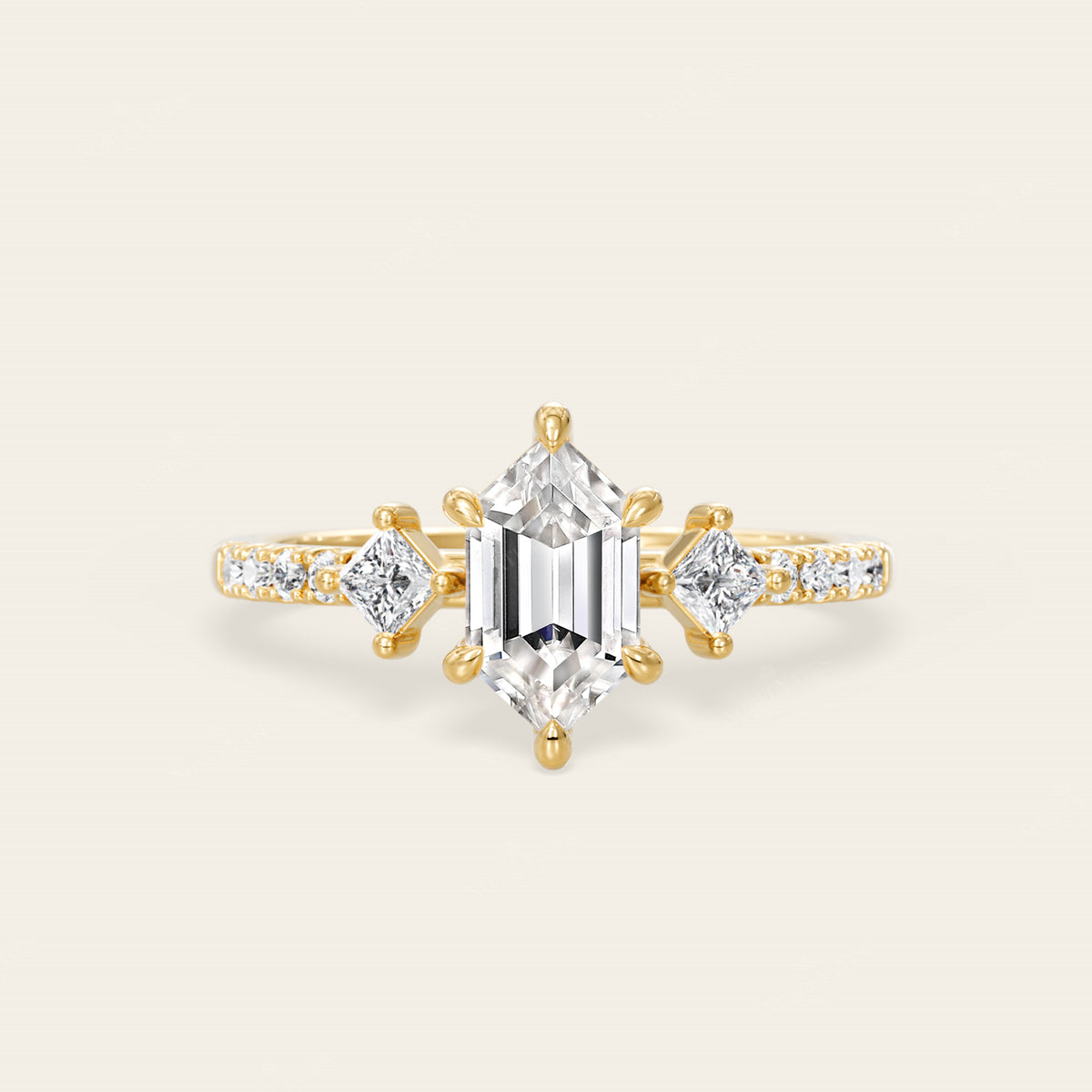 Art Deco Long Hexagon Moissanite Three Stone Engagement Ring