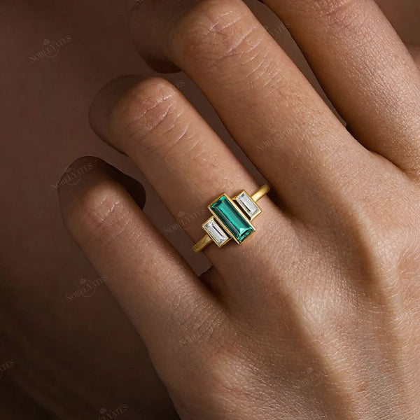 Lab Emerald Baguette Cut Three Stone Art Deco Engagement Ring