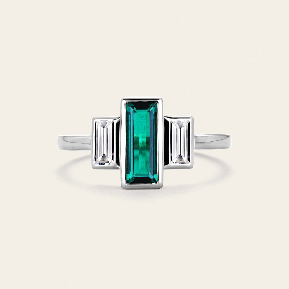 Lab Emerald Baguette Cut Three Stone Art Deco Engagement Ring