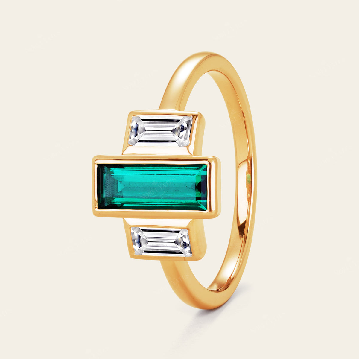 Lab Emerald Baguette Cut Three Stone Art Deco Engagement Ring