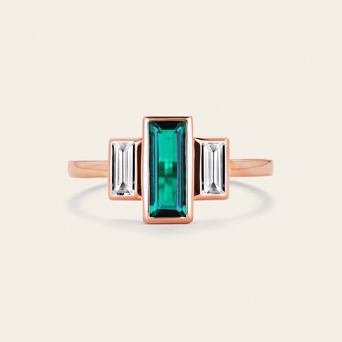 Lab Emerald Baguette Cut Three Stone Art Deco Engagement Ring