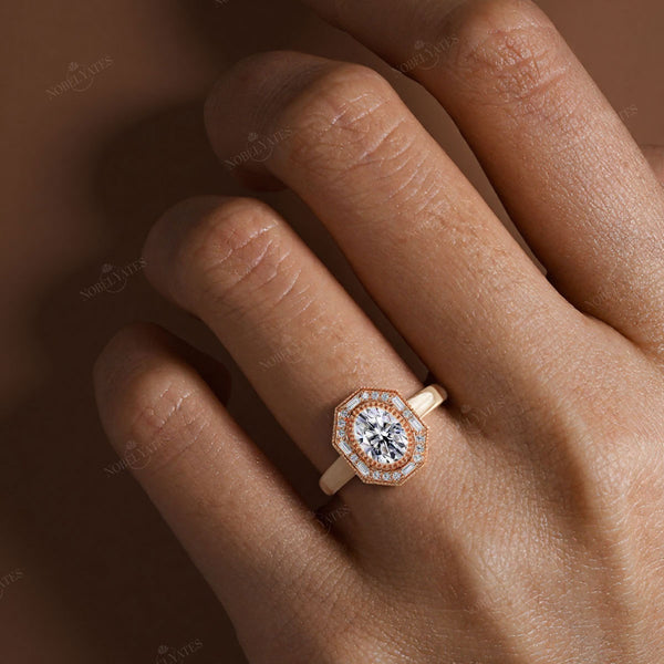 Oval Lab Grown Diamond Mosaic Design Art Deco Engagement Ring