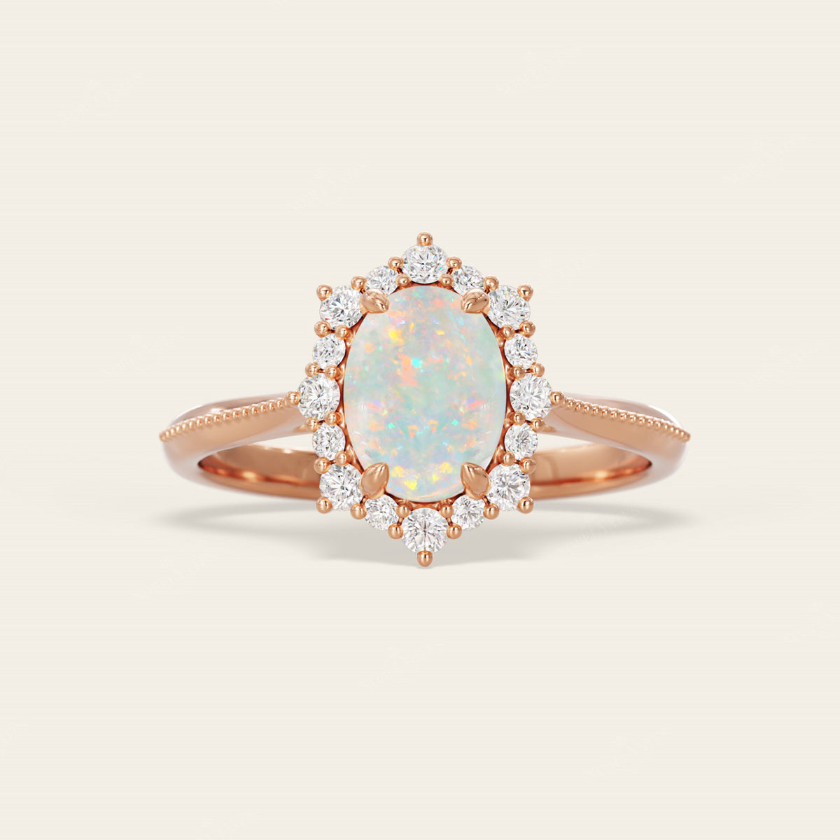 Oval White Opal Lab Diamond Halo Engagement Ring