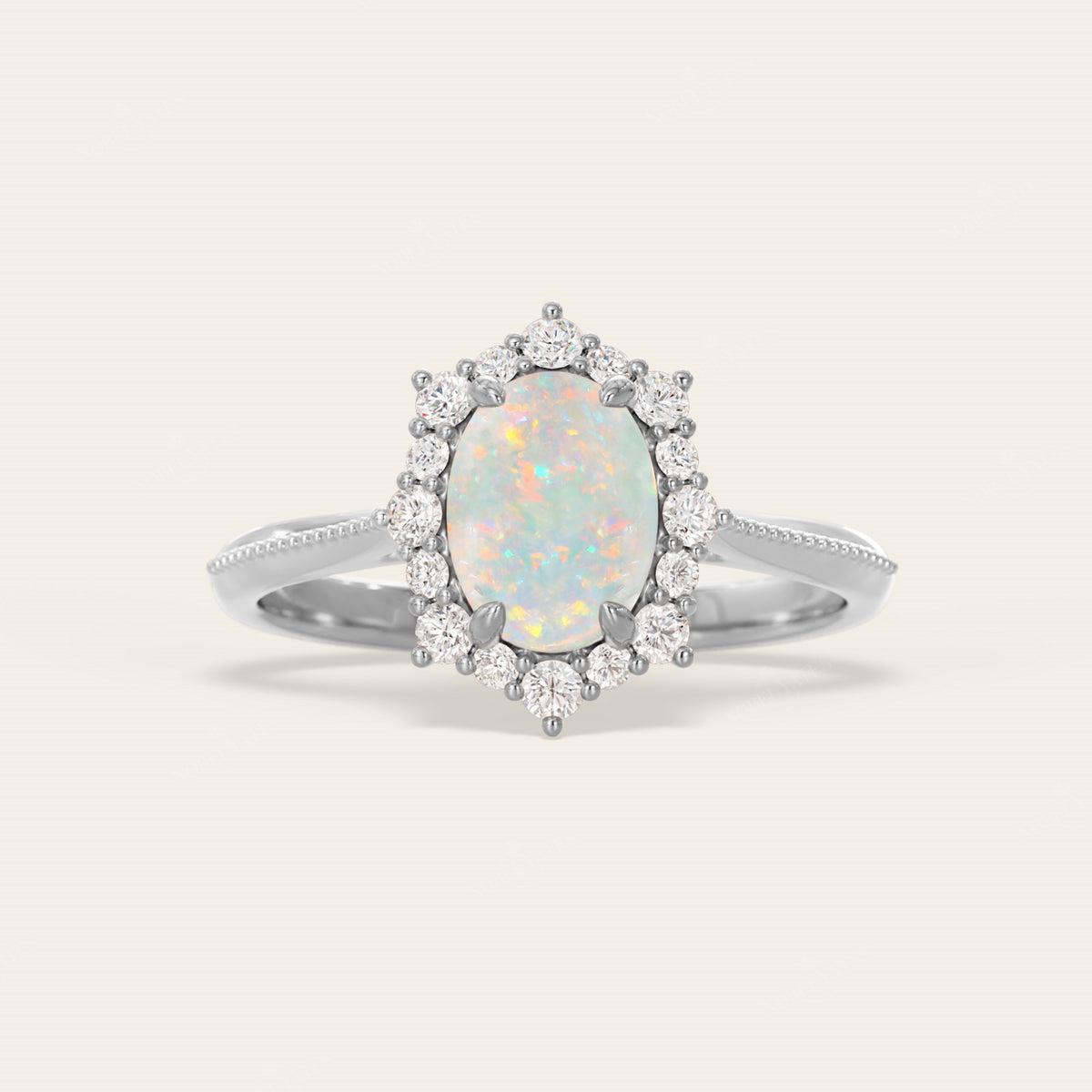 Oval White Opal Lab Diamond Halo Engagement Ring