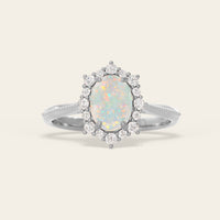 Oval White Opal Lab Diamond Halo Engagement Ring