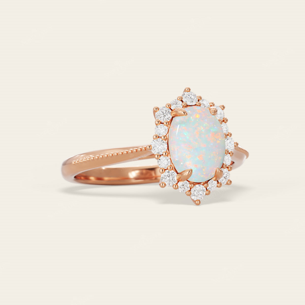 Oval White Opal Lab Diamond Halo Engagement Ring