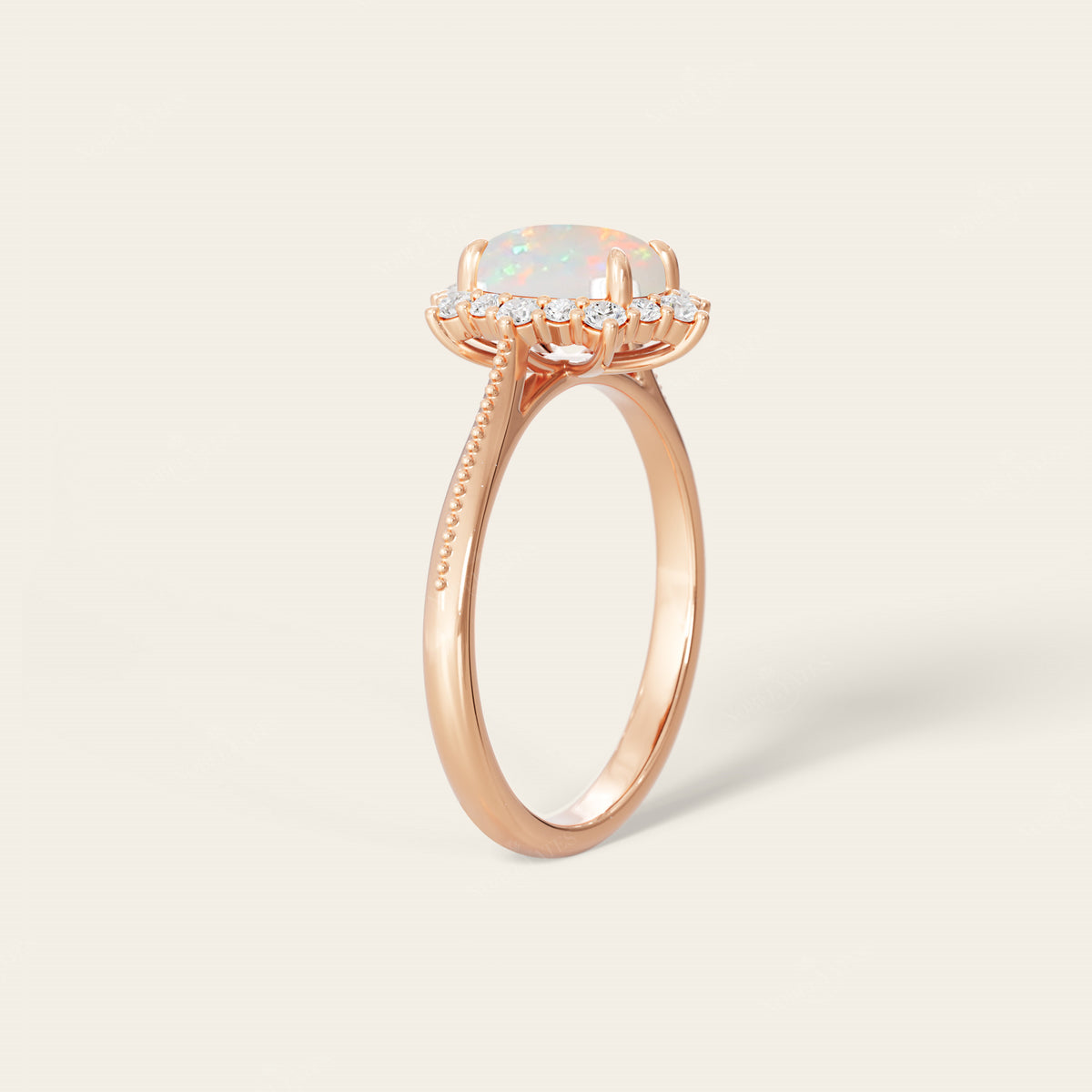 Oval White Opal Lab Diamond Halo Engagement Ring