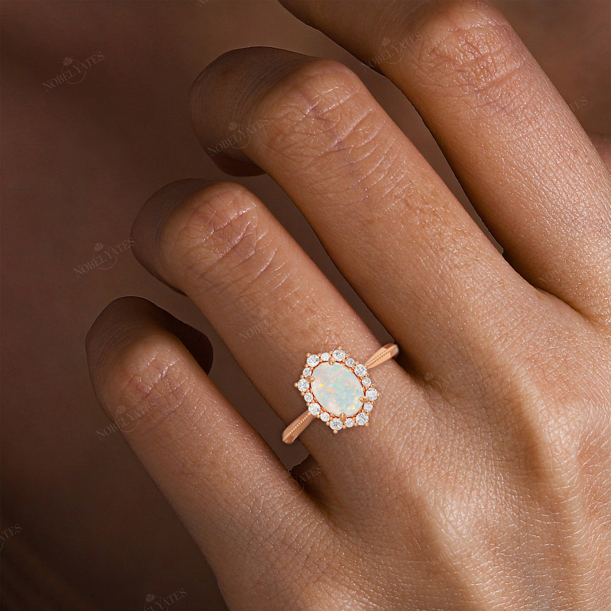 Oval White Opal Lab Diamond Halo Engagement Ring