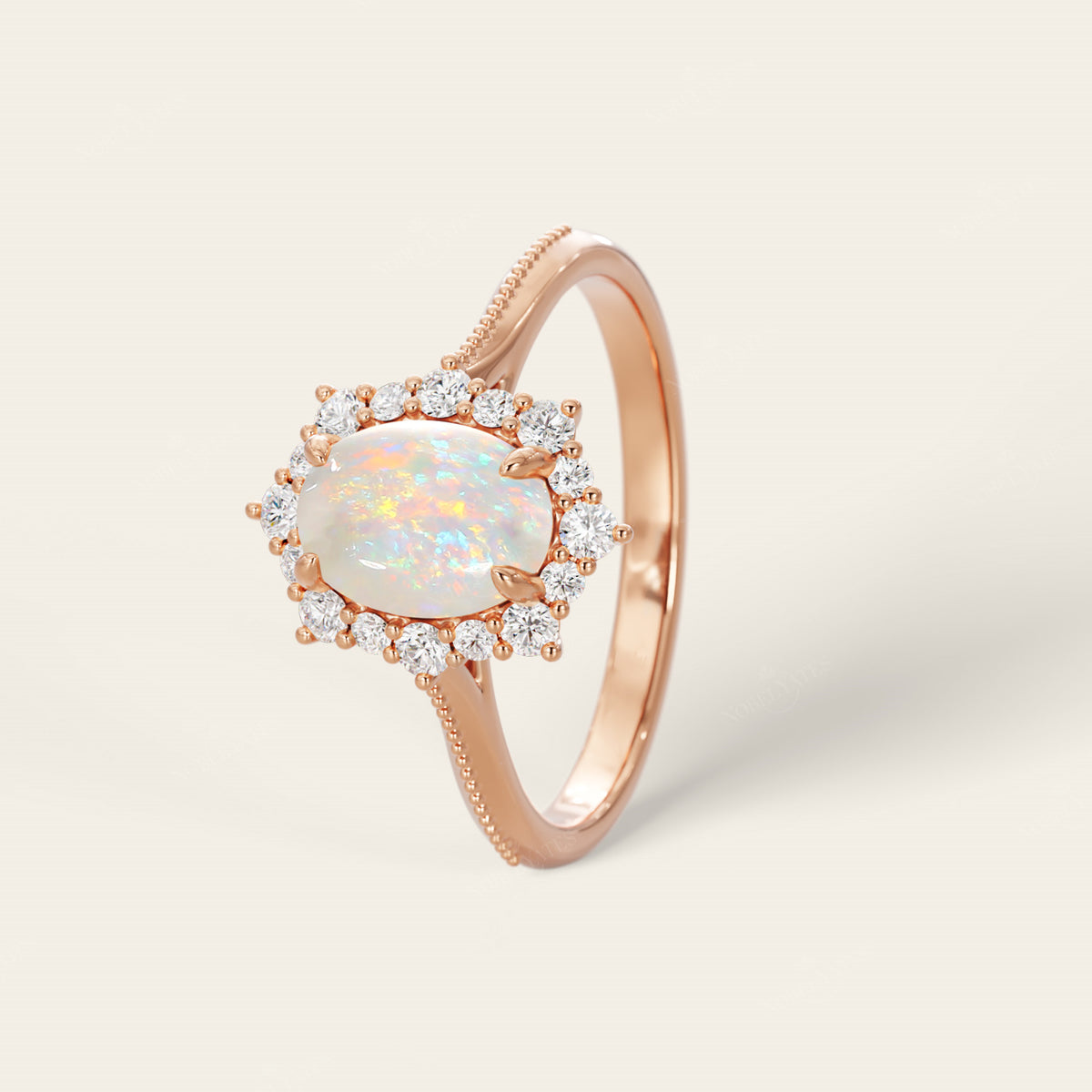 Oval White Opal Lab Diamond Halo Engagement Ring