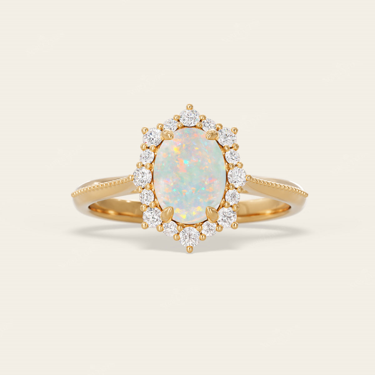 Oval White Opal Lab Diamond Halo Engagement Ring