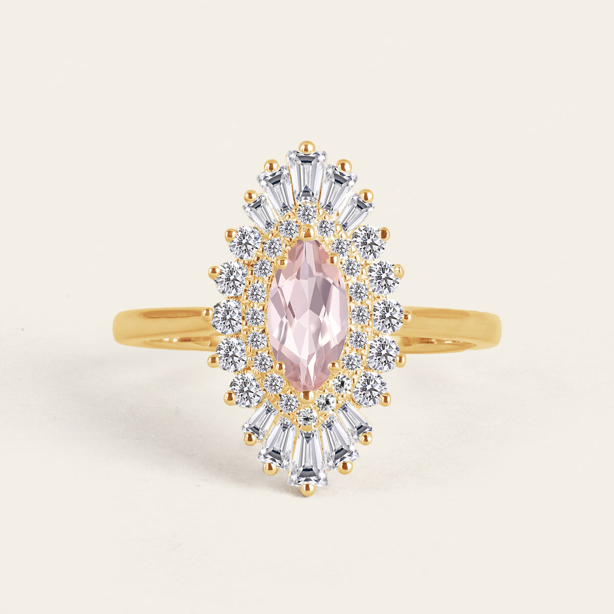 Art Deco Marquise Pink Morganite Star Burst Engagement Ring