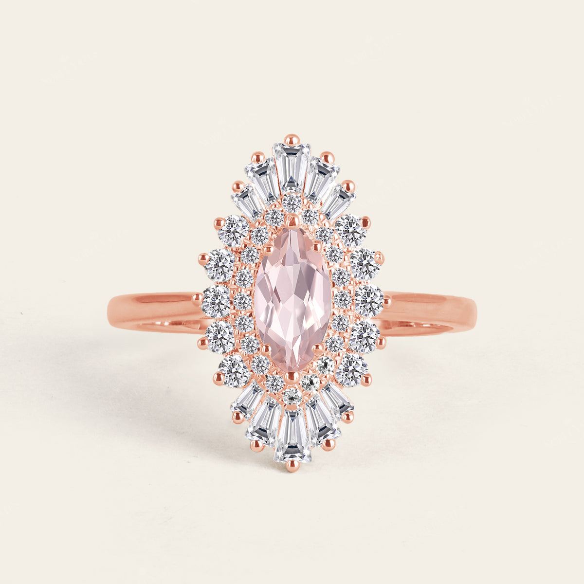 Art Deco Marquise Pink Morganite Star Burst Engagement Ring