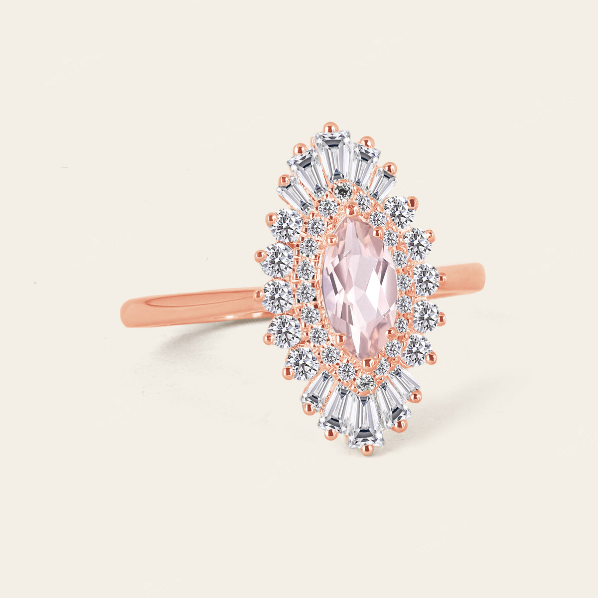 Art Deco Marquise Pink Morganite Star Burst Engagement Ring