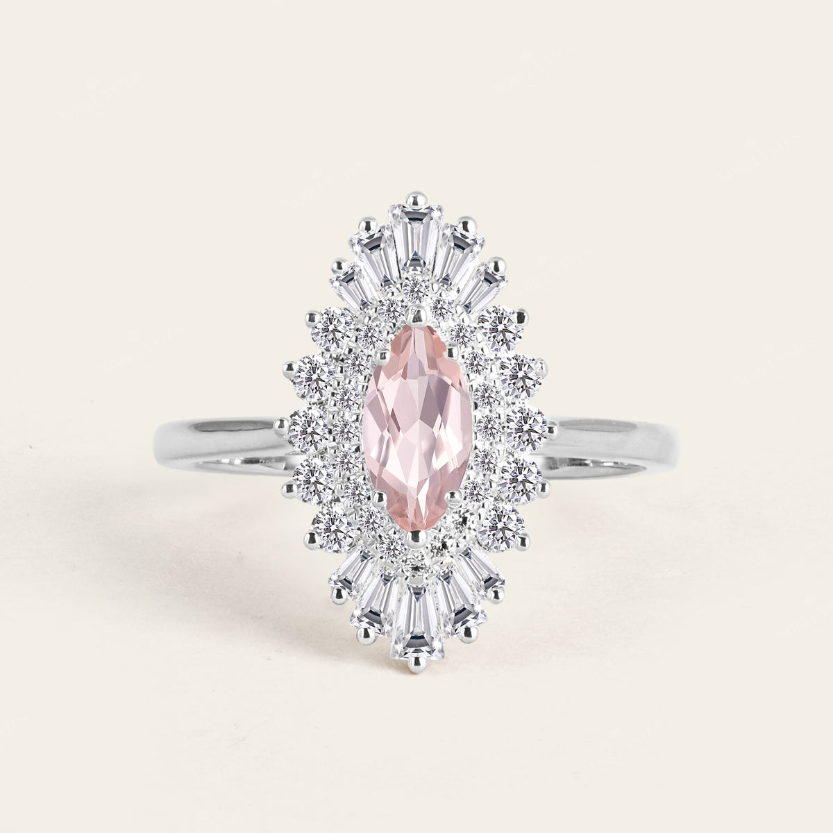 Art Deco Marquise Pink Morganite Star Burst Engagement Ring