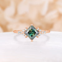 Green Moissanite Princess Cut Engagement Ring Cluster Anniversary Ring