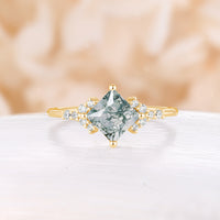 Princess Cut Moss Agate Rose Gold Engagement Ring Moissanite Cluster Band