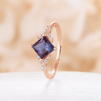 Princess Cut Lab Alexandrite Rose Gold Engagement Ring Diamond Cluster