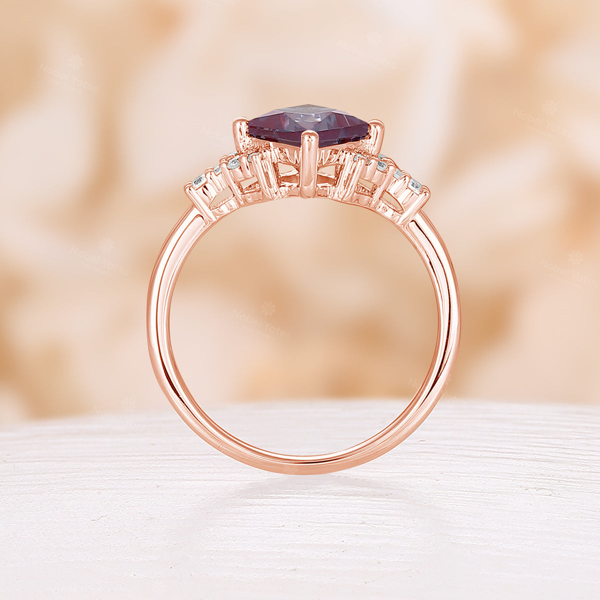 Princess Cut Lab Alexandrite Rose Gold Engagement Ring Diamond Cluster