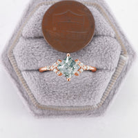 Princess Cut Moss Agate Rose Gold Engagement Ring Moissanite Cluster Band