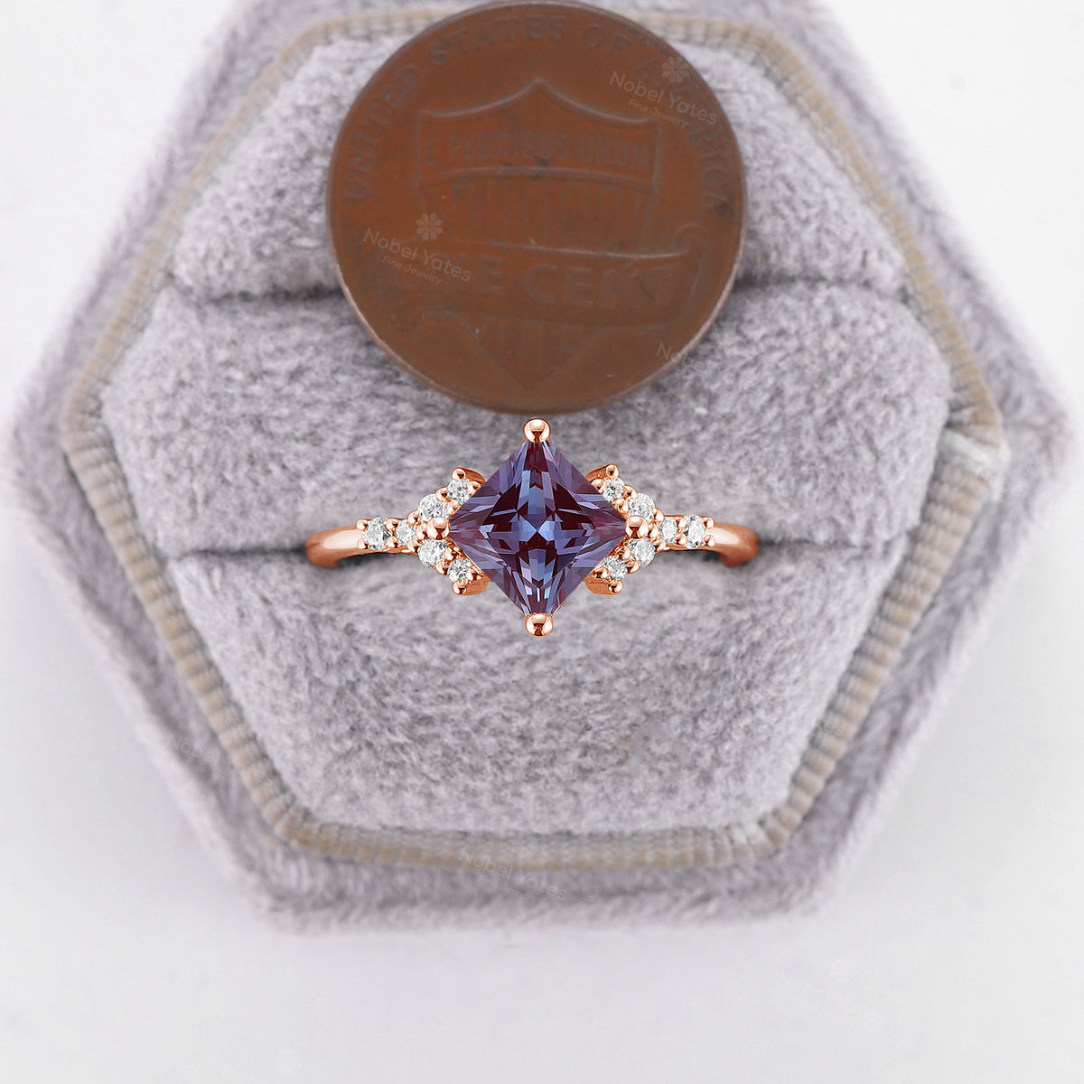 Princess Cut Lab Alexandrite Rose Gold Engagement Ring Diamond Cluster