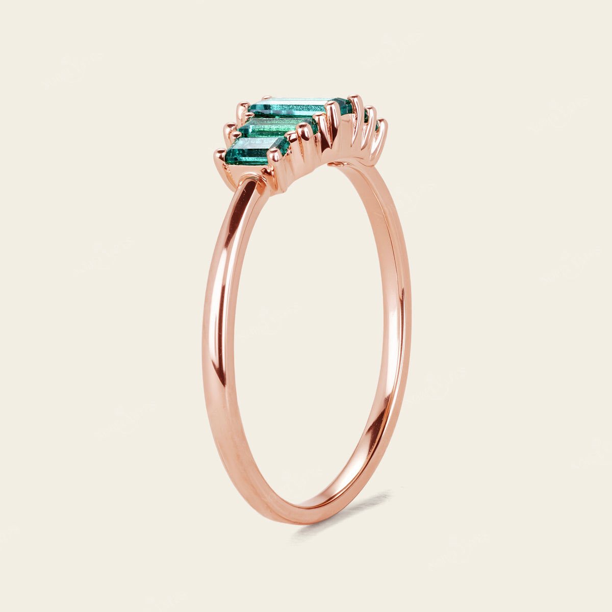 Art Deco Baguette Lab Emerald Rose Gold Five Stone Wedding Band