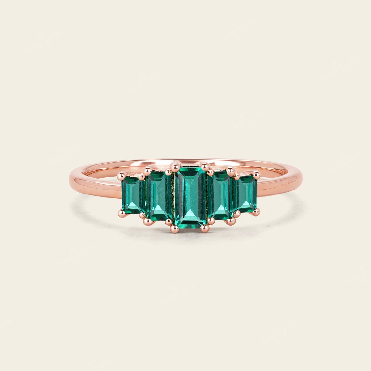 Art Deco Baguette Lab Emerald Rose Gold Five Stone Wedding Band