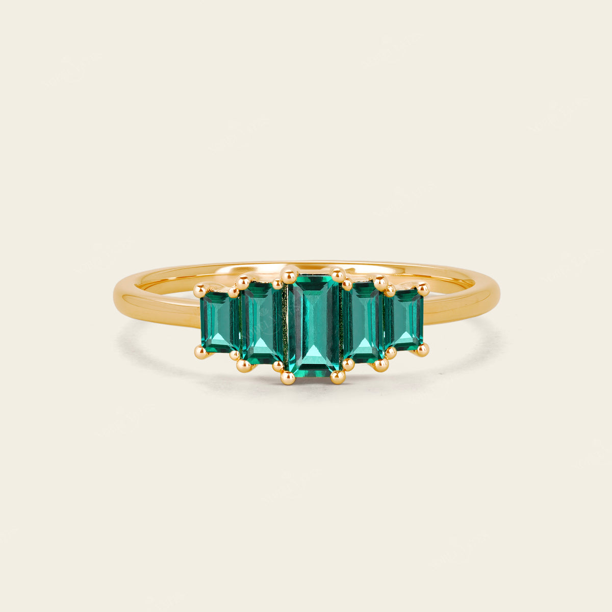 Art Deco Baguette Lab Emerald Rose Gold Five Stone Wedding Band