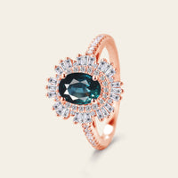 Art Deco Teal Sapphire Baguette Halo Engagement Ring Pave Band