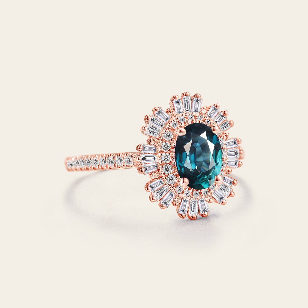 Art Deco Teal Sapphire Baguette Halo Engagement Ring Pave Band