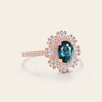 Art Deco Teal Sapphire Baguette Halo Engagement Ring Pave Band