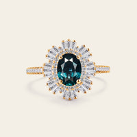 Art Deco Teal Sapphire Baguette Halo Engagement Ring Pave Band