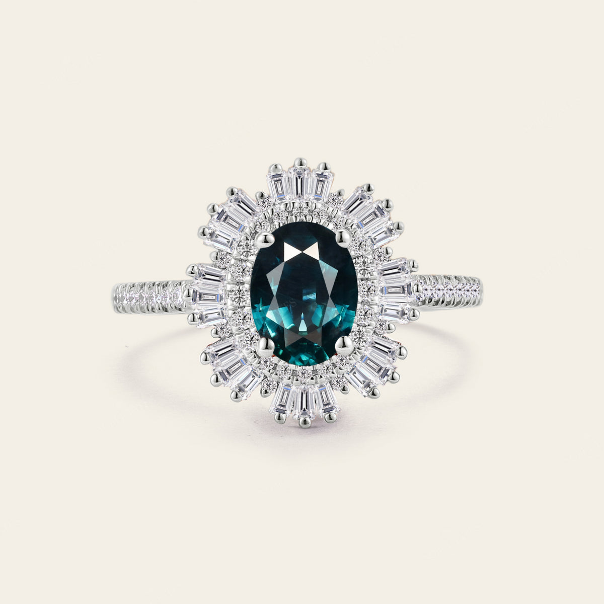 Art Deco Teal Sapphire Baguette Halo Engagement Ring Pave Band